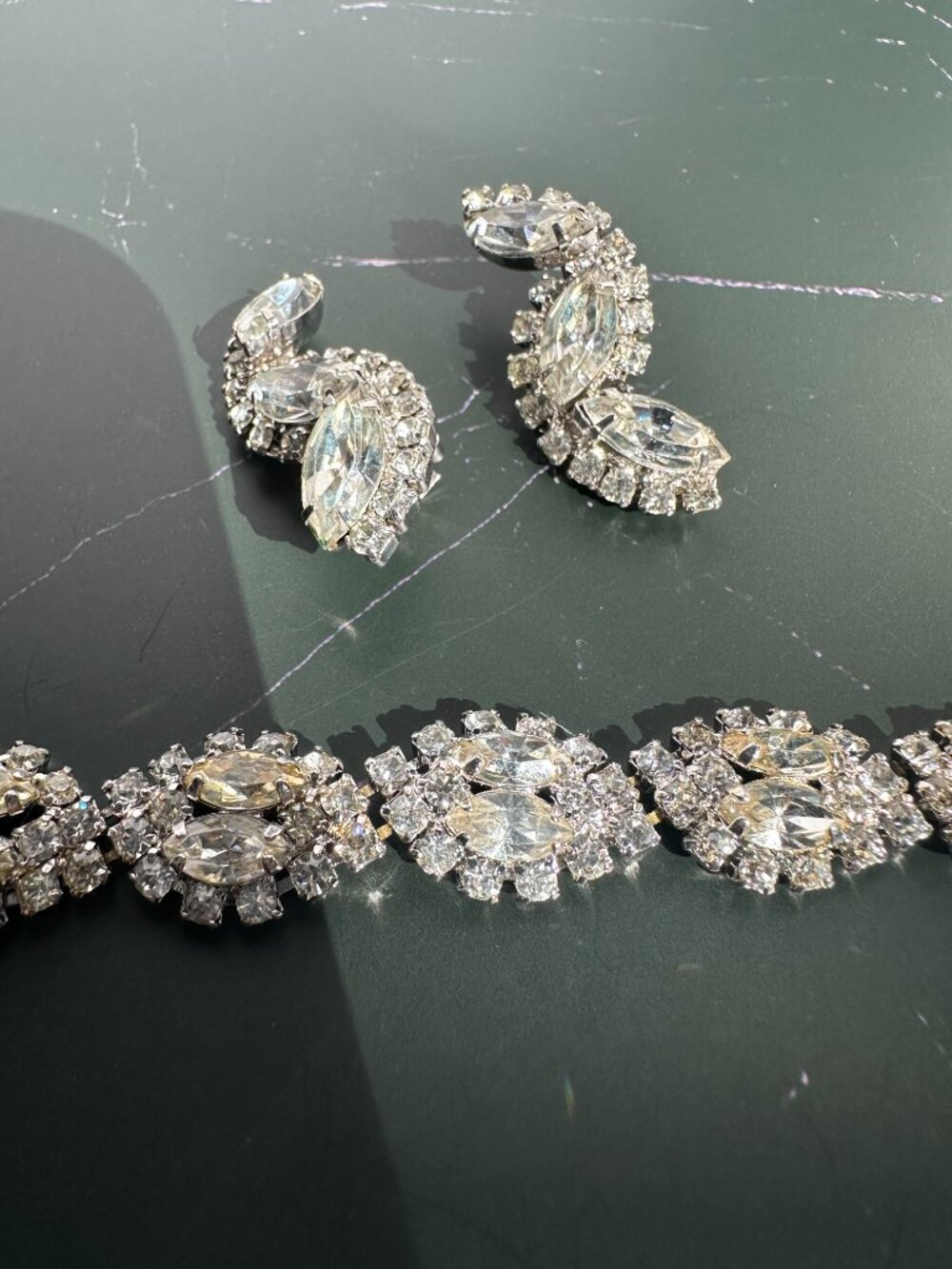 Vintage Signed Kramer Rhinestone Bracelet & Clip-On Earrings Set | 7"